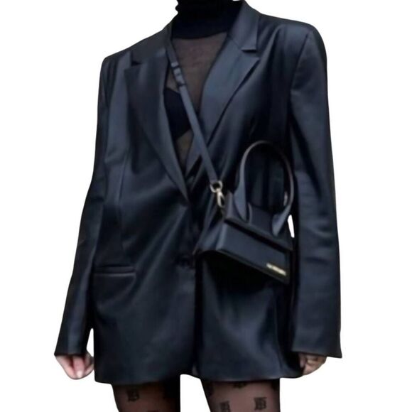 NWT Zara Blazer Women's XXL Black Faux Leather Oversized Two Button Blogger Fave - Picture 4 of 8